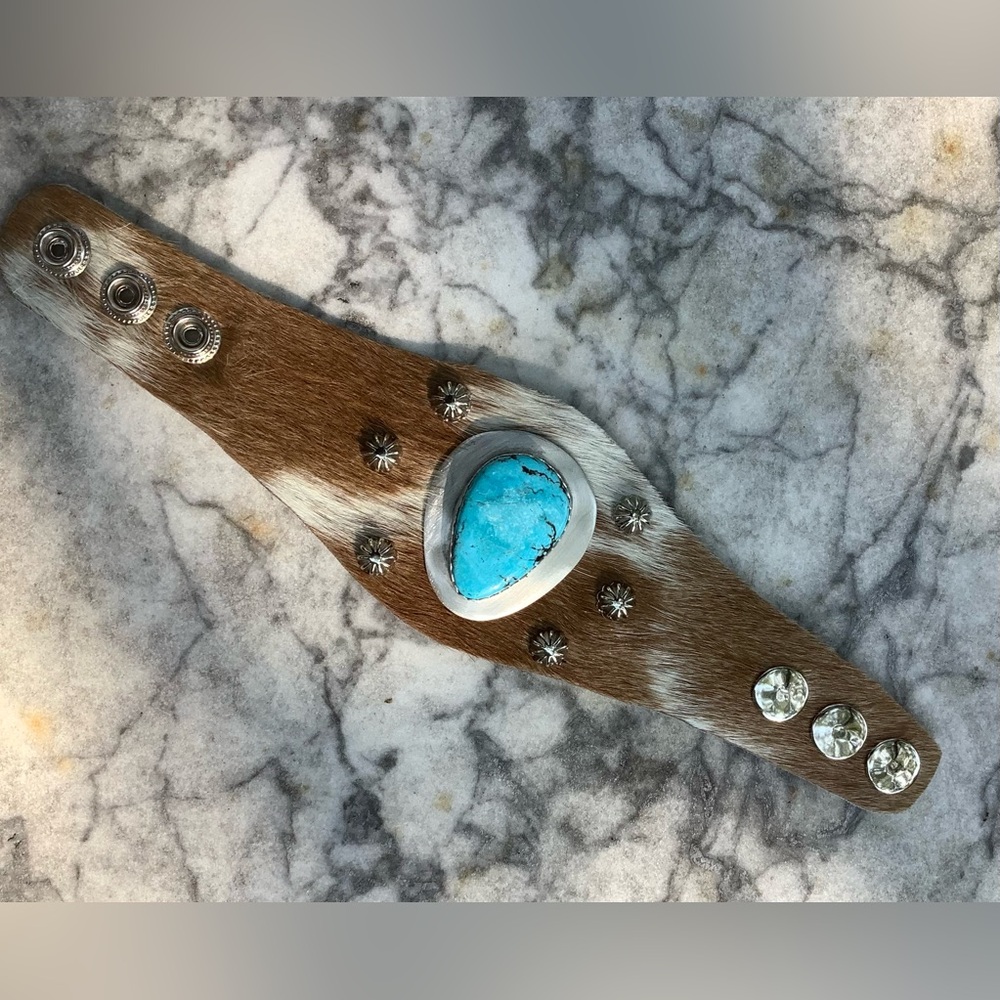Turquoise; cowhide cuff bracelet, adjustable